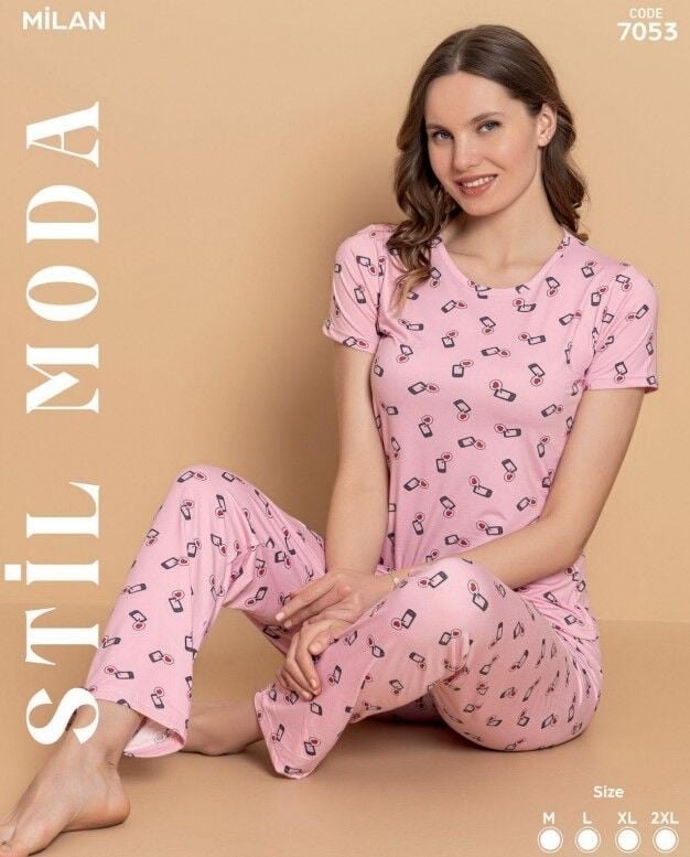 Stil Moda 7053 (M-L-XL-XXL) Milan Bayan Kısa Kol Pijama Takım