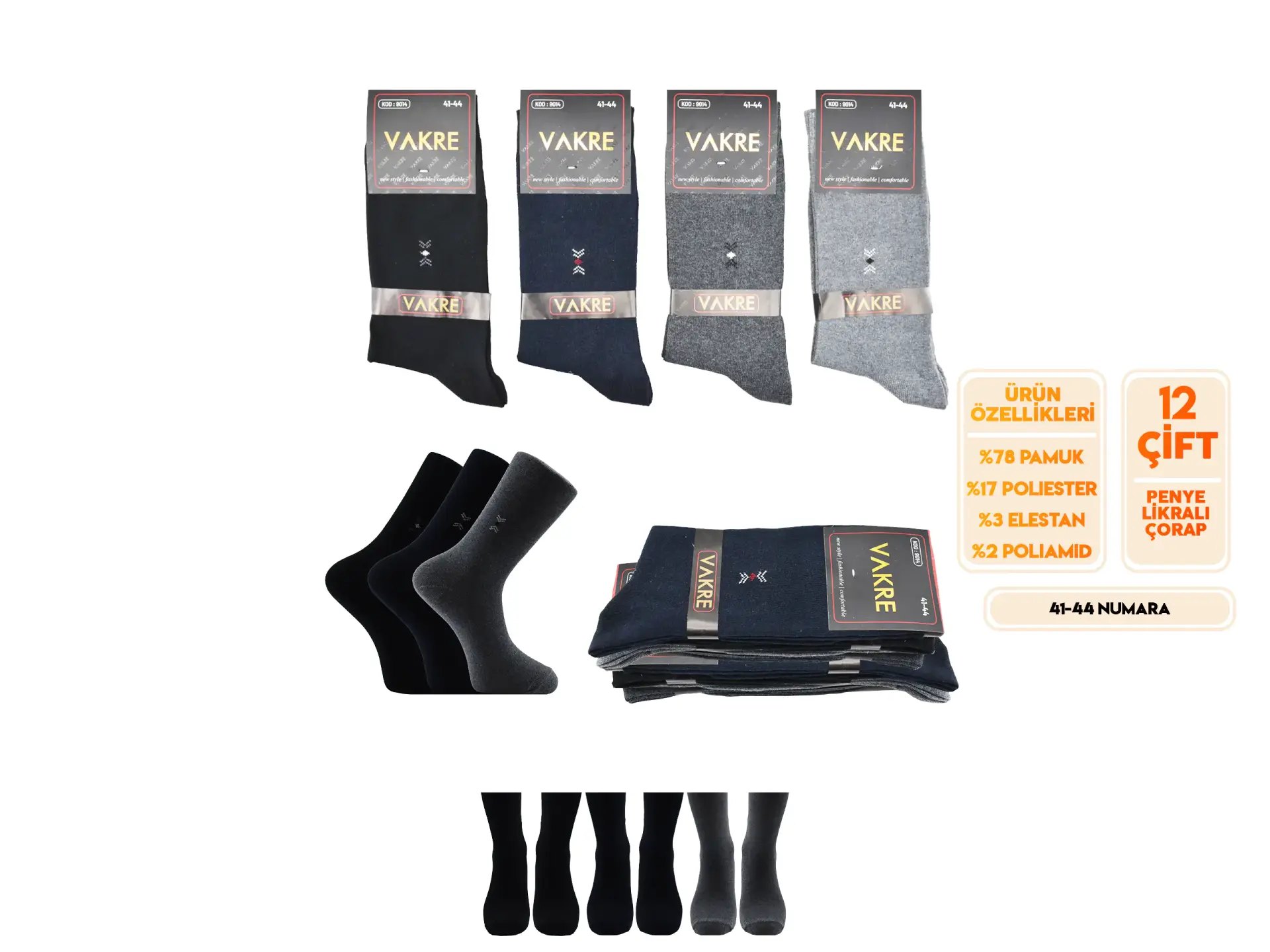 Vakre 9014-42 (41-44) Erkek Penye Likralı Çorap