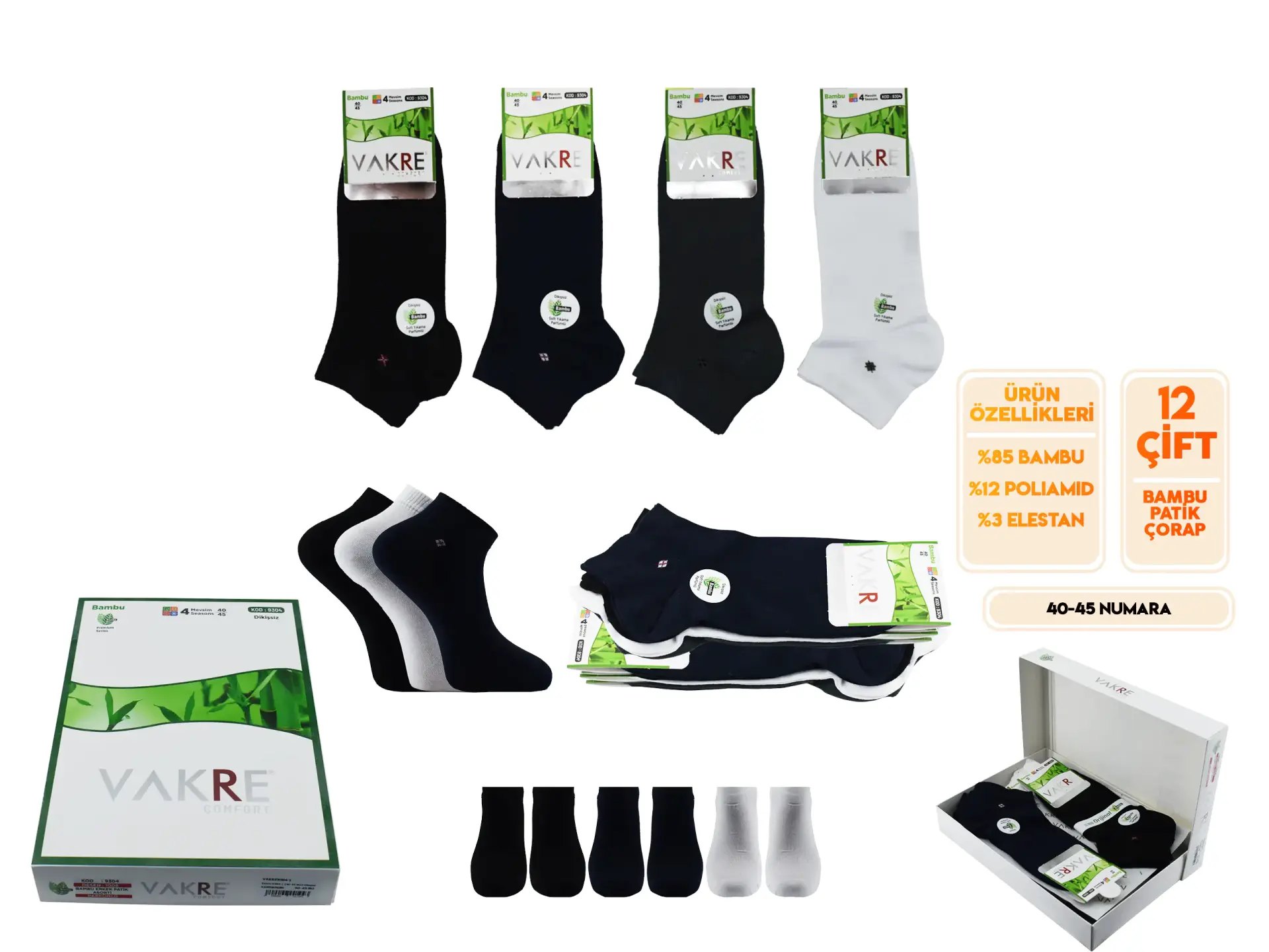 Vakre 9304-1 (40-45 NO) Dikişsiz Erkek Bambu Patik Çorap
