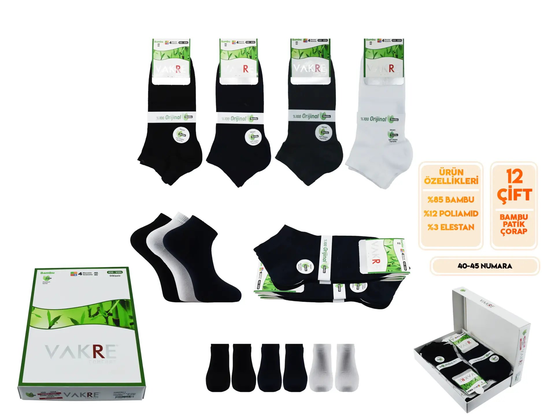 Vakre 9304-3 (40-45 NO) Dikişsiz Erkek Bambu Patik Çorap