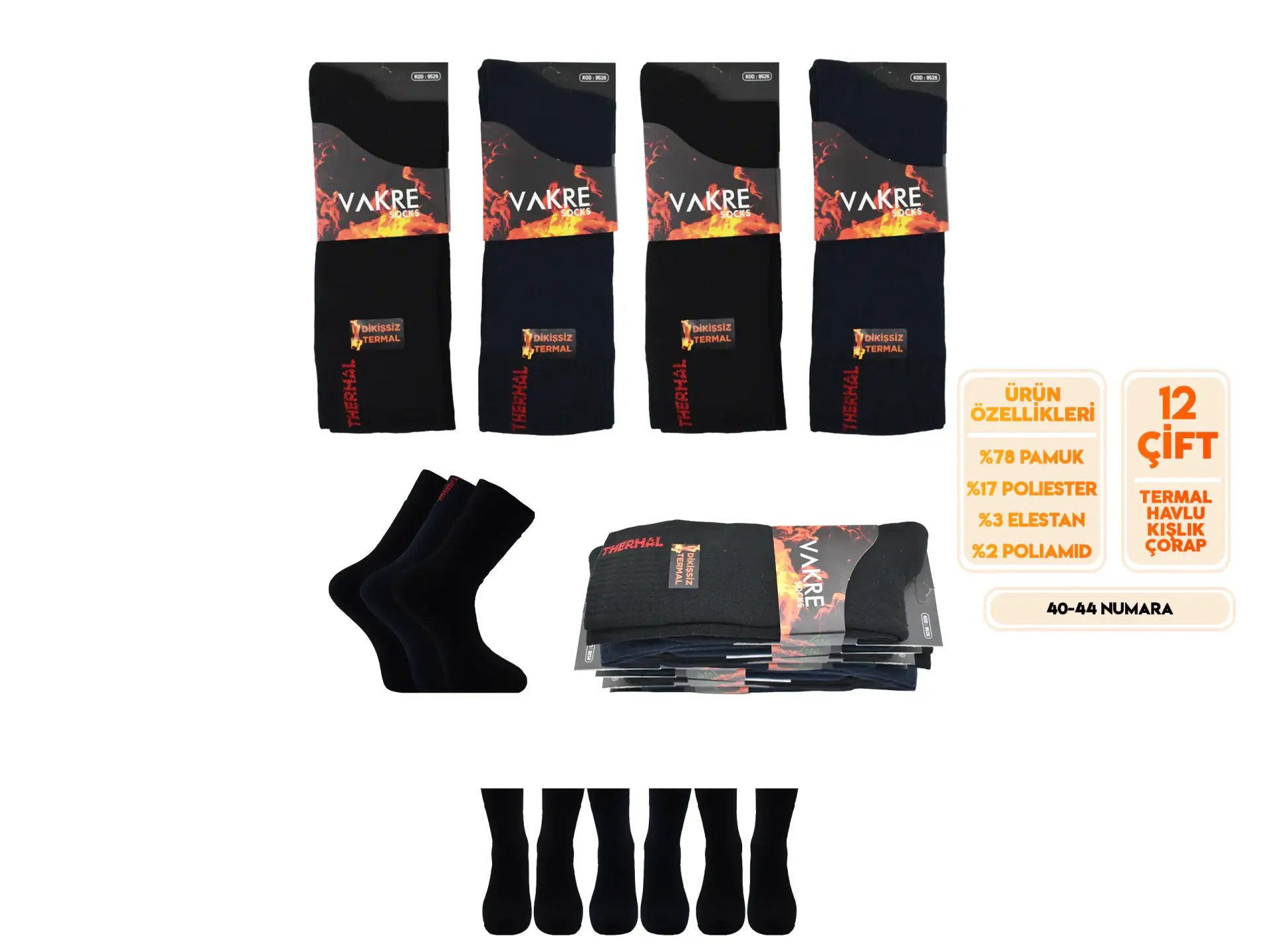 Vakre 9526 (40-44) Dikişsiz Erkek Termal Havlu Kışlık Çorap