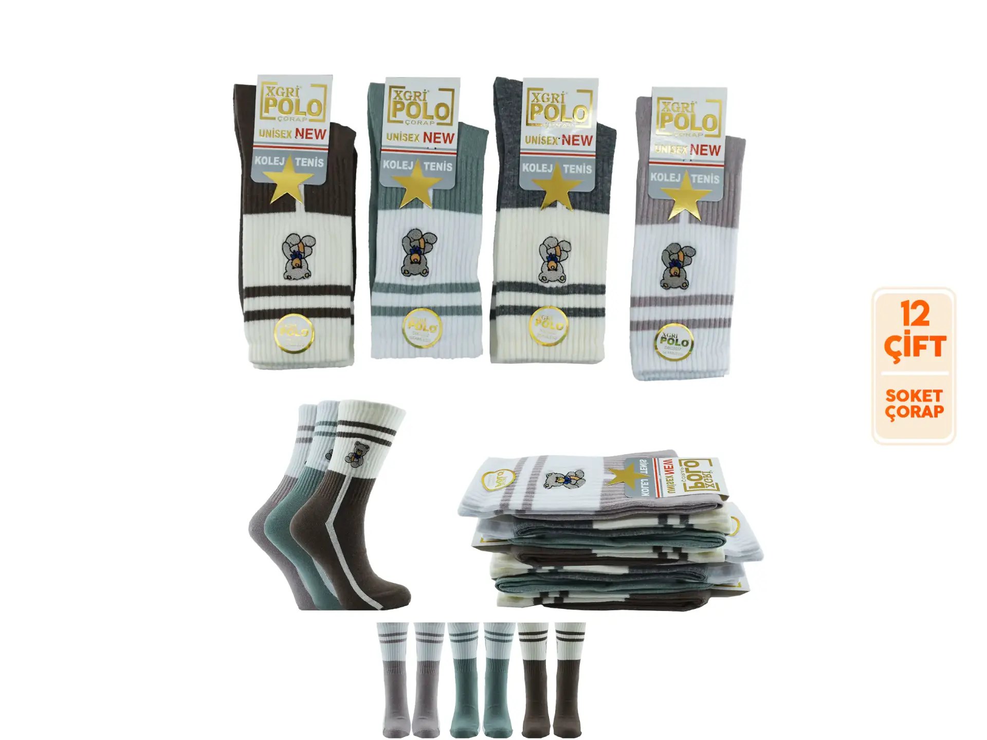 XGRİ POLO B-101 (36-40) Yıkamalı Kokulu Nakışlı Bayan Soket Çorap