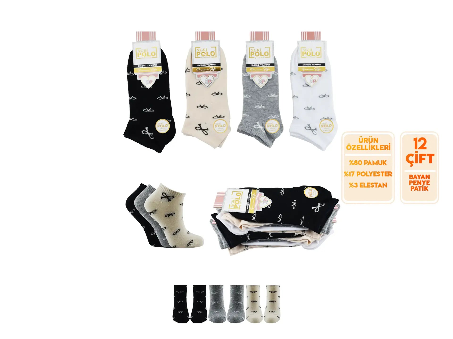 XGRİ POLO B-87-4 (35-40) Yıkamalı Dikişsiz Bayan Penye Patik Çorap