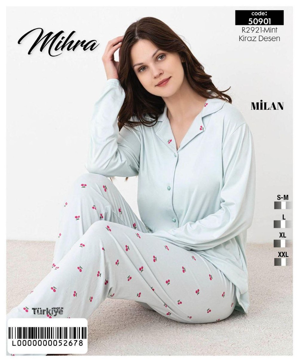 Mihra 50901 Milan Gömlek Yaka Uzun Kollu Bayan Pijama Takım KOD-1