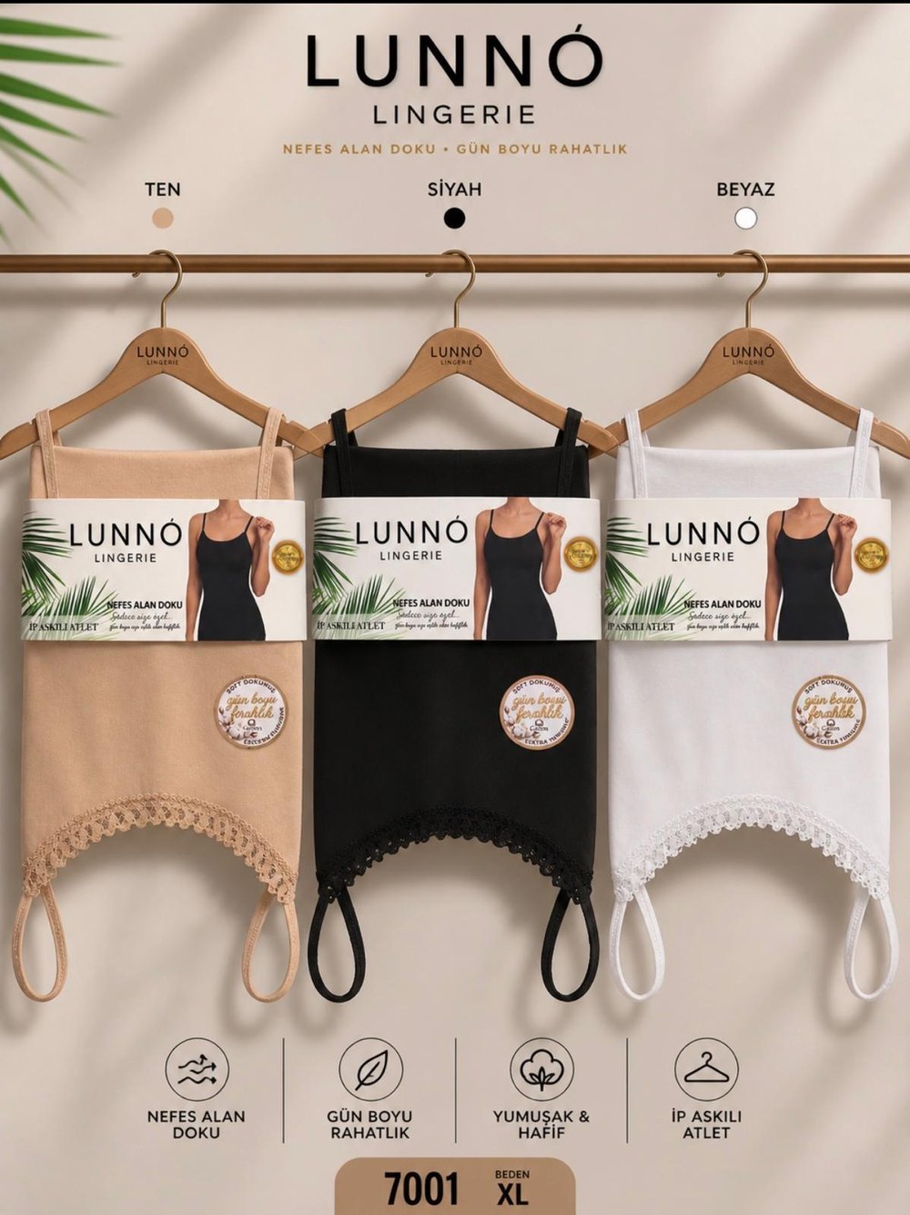 Lunno 7001 Penye Önü Dantelli İp Askılı Bayan Atlet ASORTİ
