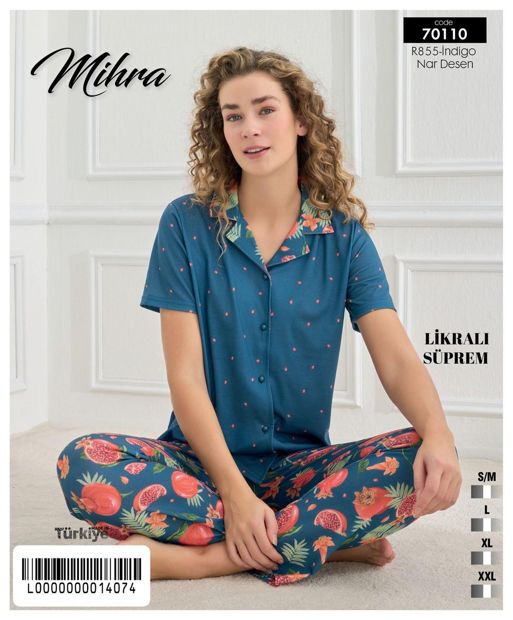 Mihra 70110 Likralı Süprem Kadın Kısakol Düğmeli Pijama Takım KOD-4