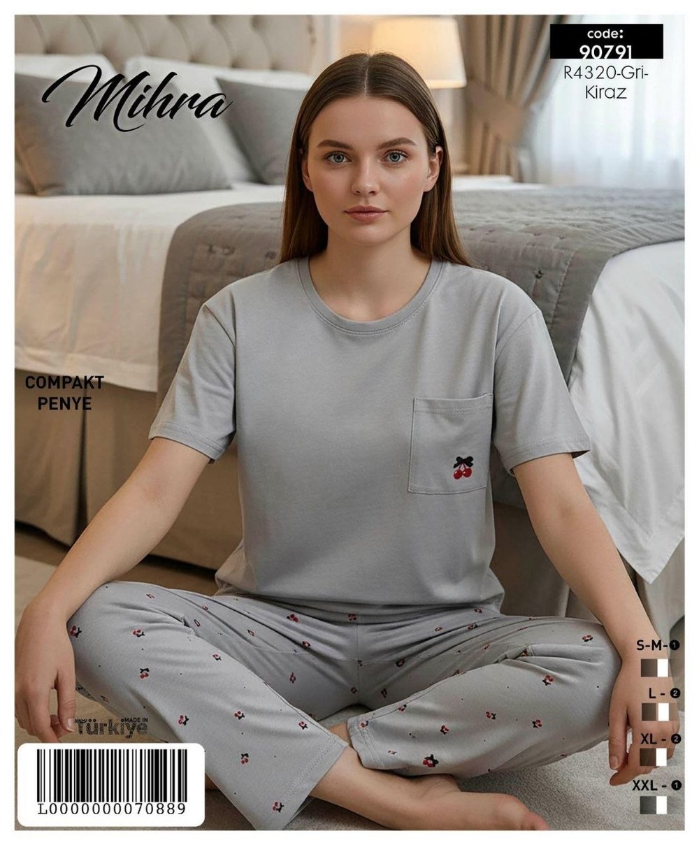 Mihra 90791 Compakt Penye Kısa Kol Cepli Bayan Pijama Takım KOD-1