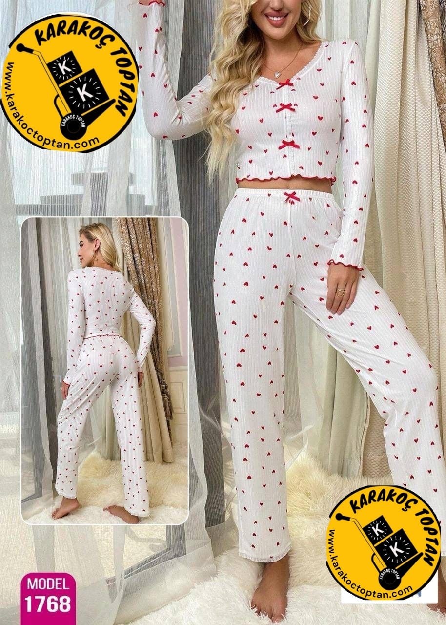 Rotana Milan Fitilli Kalpli Uzun Kollu Pijama Takım KOD-6