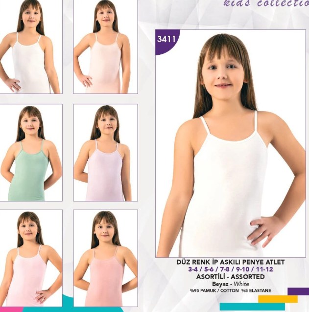 Kota 3411 İp Askılı Penye Kız Çocuk Atlet ASORTİ