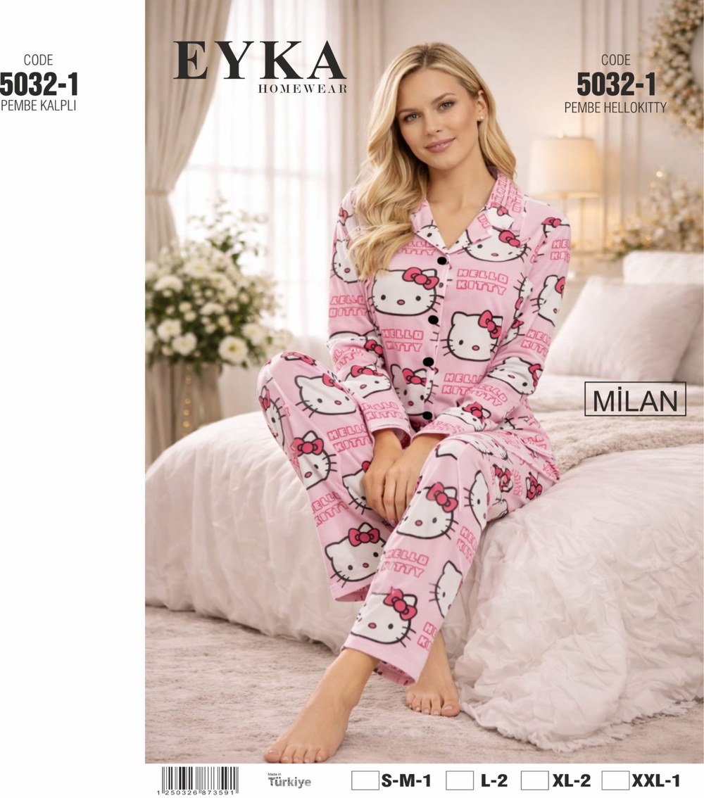 Eyka 5032-1 Milan Düğmeli Uzun Kol Bayan Pijama Takımı KOD-5