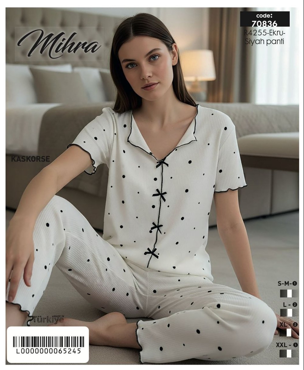 Mihra 70836 Kaşkorse Puantiyeli Kısa Kol Bayan Pijama Takım KOD-1