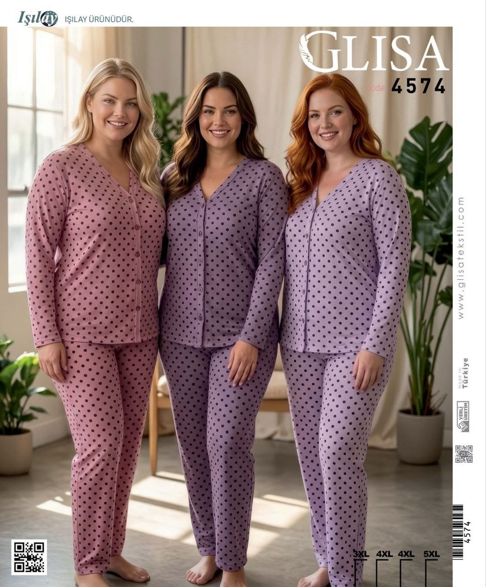 Glisa 4574 Viskon Uzun Kol Düğmelli Battal Bayan Pijama Takım KOD-2