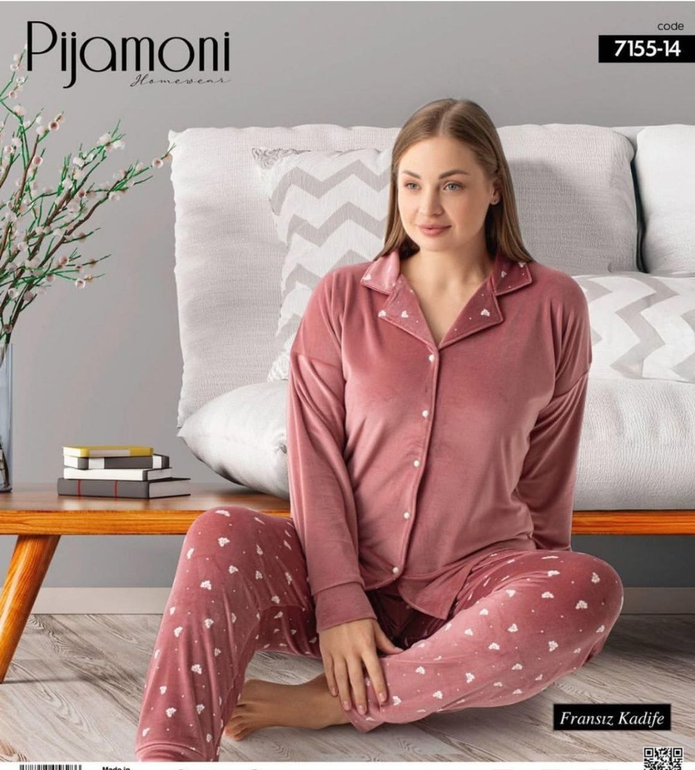 Pijamoni 7155 Battal Düğmeli Desenli Fransız Kadife Bayan Takım KOD-1