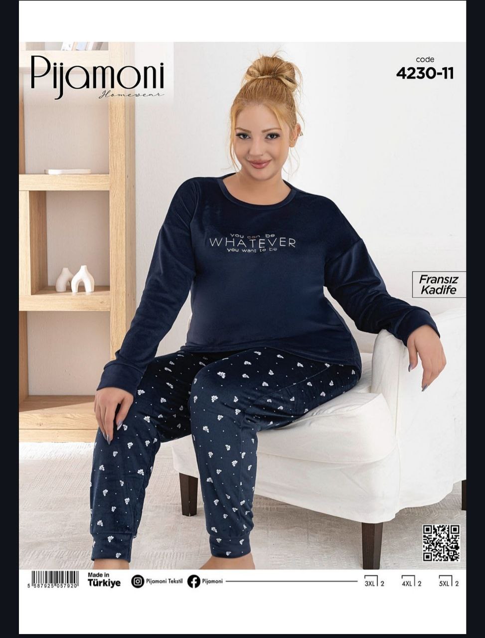 Pijamoni 4230 Fransız Kadife Battal Bayan Takım KOD-1