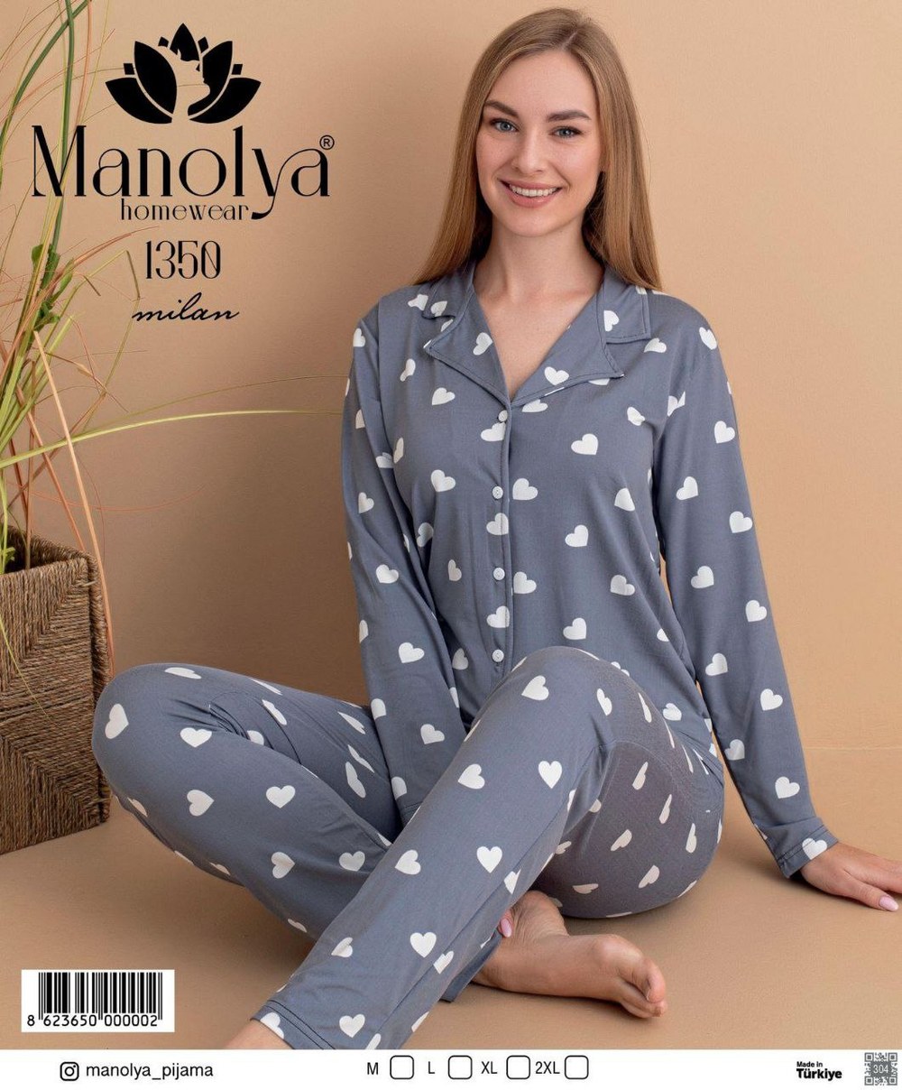 Manolya Milan Düğmeli Uzun Kol Pijama Takım + KOD-2