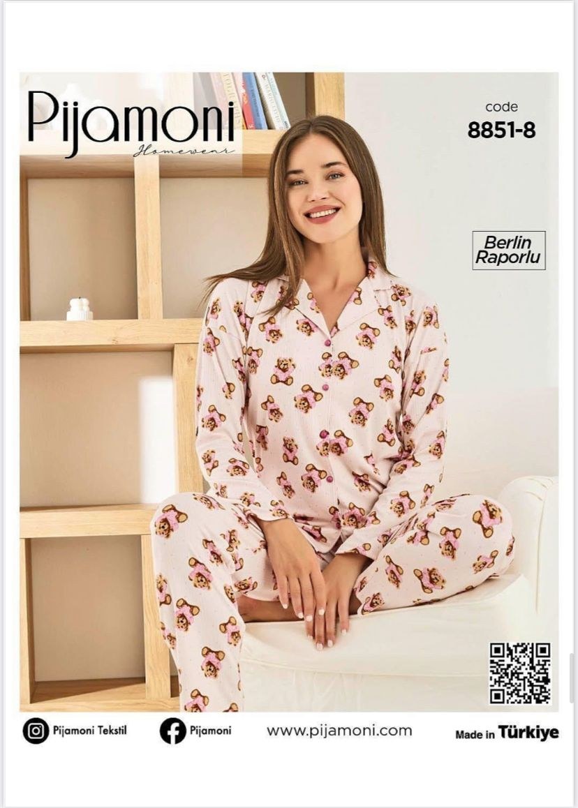 Pijamoni 8851 Berlin Raporlu Düğmeli Pijama Takım KOD-1
