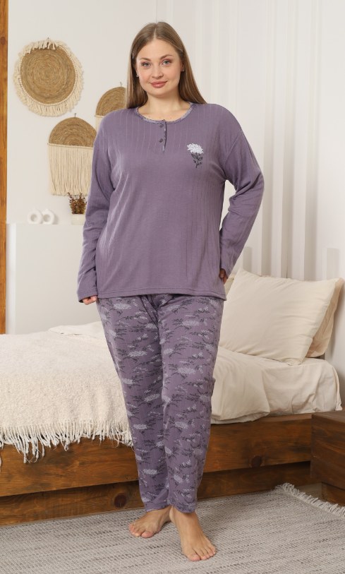 Glisa 4571 Viskon Düğmeli Uzun Kol Battal Bayan Pijama Takım KOD-3