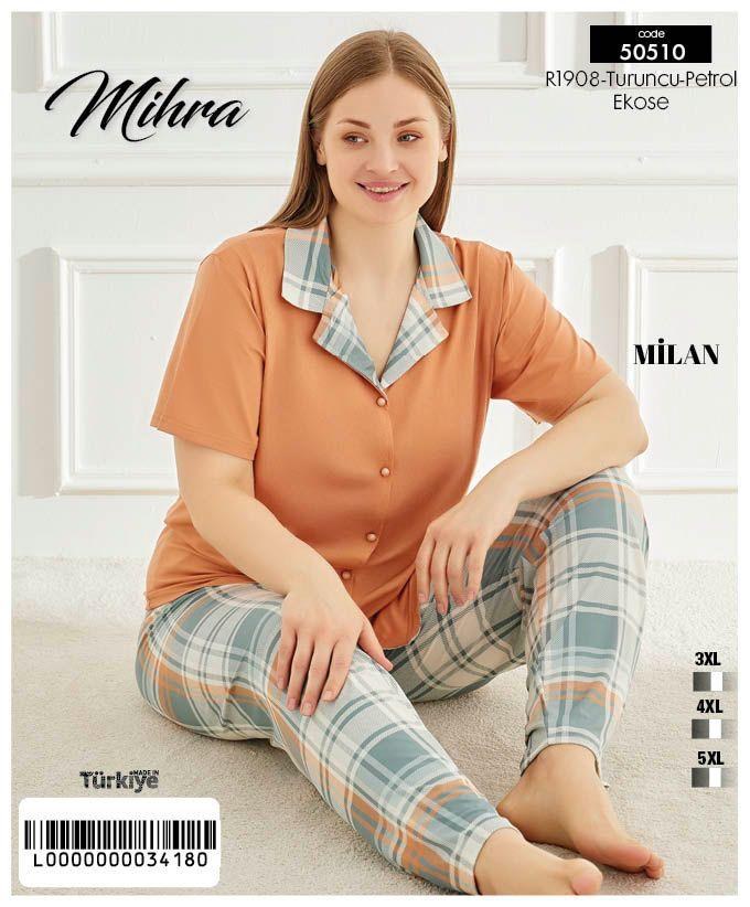 Mihra 50510-50501 Milan Battal Beden Önü Düğmeli Kısakol Kadın Pijama Takım KOD-4