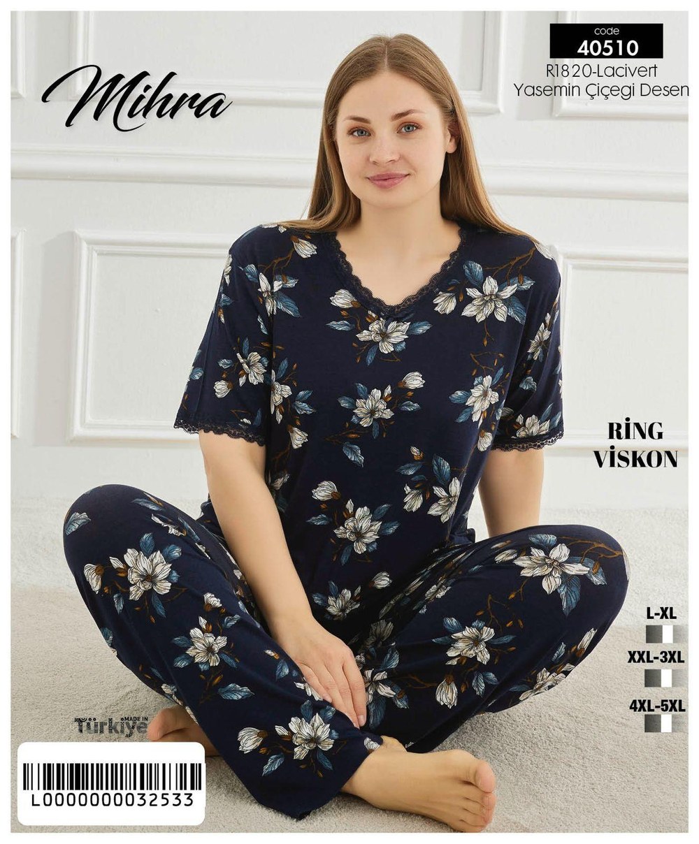 Mihra 40510 Ring Viskon Battal Kısakol Altı Uzun Pijama Takım + KOD-1