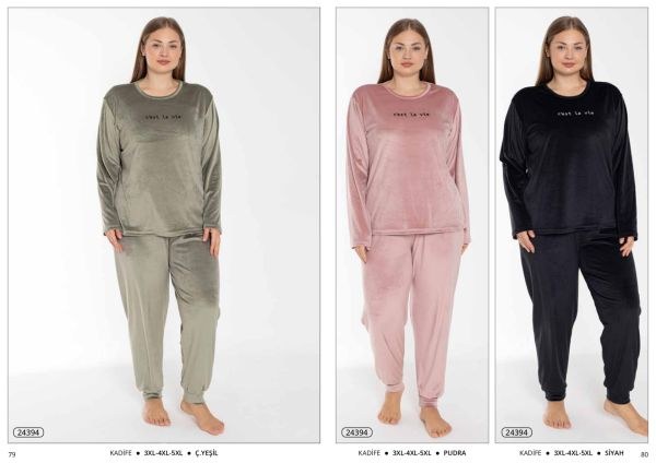 Estiva 24394 Bayan Kadife Düz Battal Pijama Takım