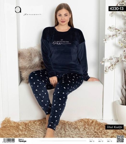 Pijamoni 4230-13 Fransız Battal Kadife Pijama Tk