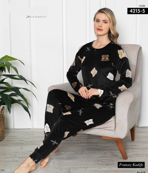 Pijamoni 4215-5 Baskılı Kadife Pijama Takım