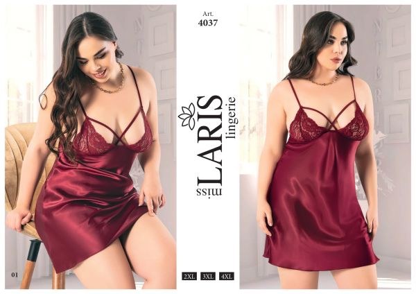 Miss Laris 4037 Big Size Saten Kısa Gecelik Bordo