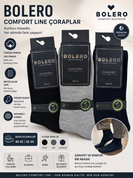 BOLERO E22 ROLL TOP DİYABETİK LASTİKSİZ ÇORAP ASORTİ