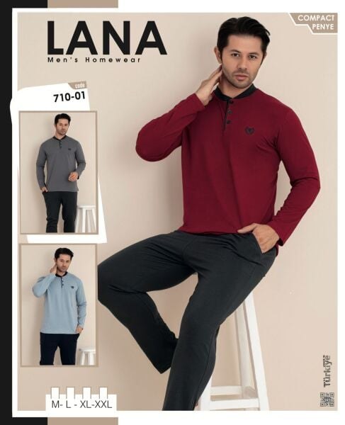 LANA 710-01 ERKEK HAKİM YAKA GARNİLİ PİJAMA TAKIMI MAVİ