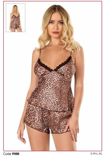 PRİMODA 9100 SATEN BABYDOLL ŞORT TAKIM LEOPAR