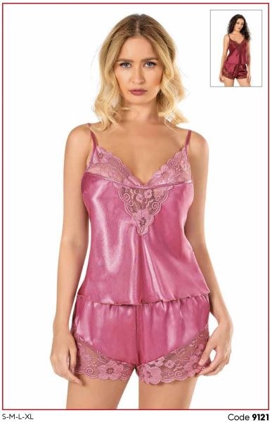 PRİMODA 9121 SATEN BABYDOLL ŞORT TAKIM BORDO