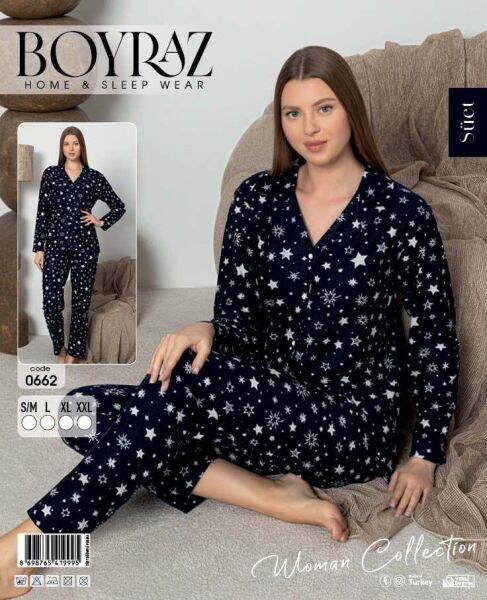 BOYRAZ 0662 BAYAN SÜET DÜĞMELİ PİJAMA TAKIMI