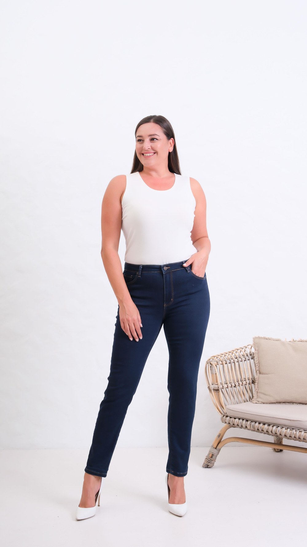 Yüksek Bel Dar Paça Battal Kesim Dark Blue Jean Pantolon