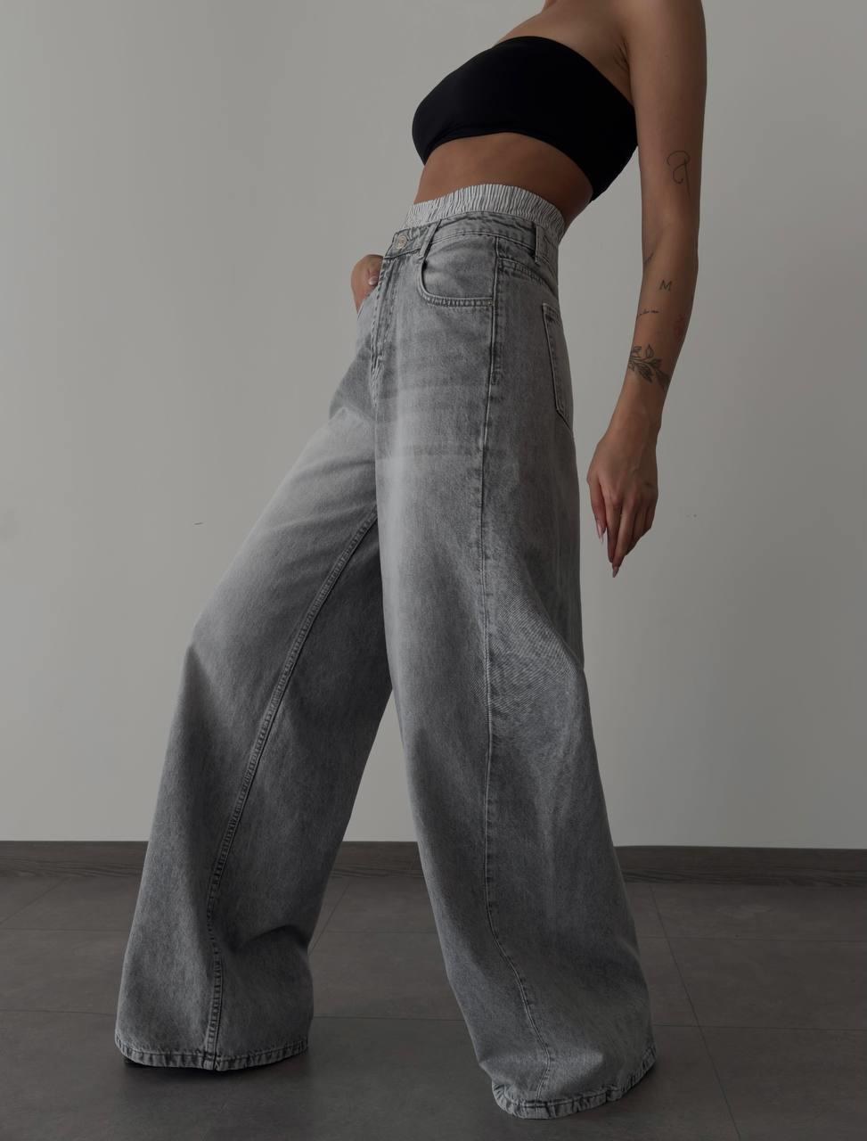 Yüksek Bel Bol Kesim Gri Boxer Detaylı E. Wide Leg Jean Pantolon