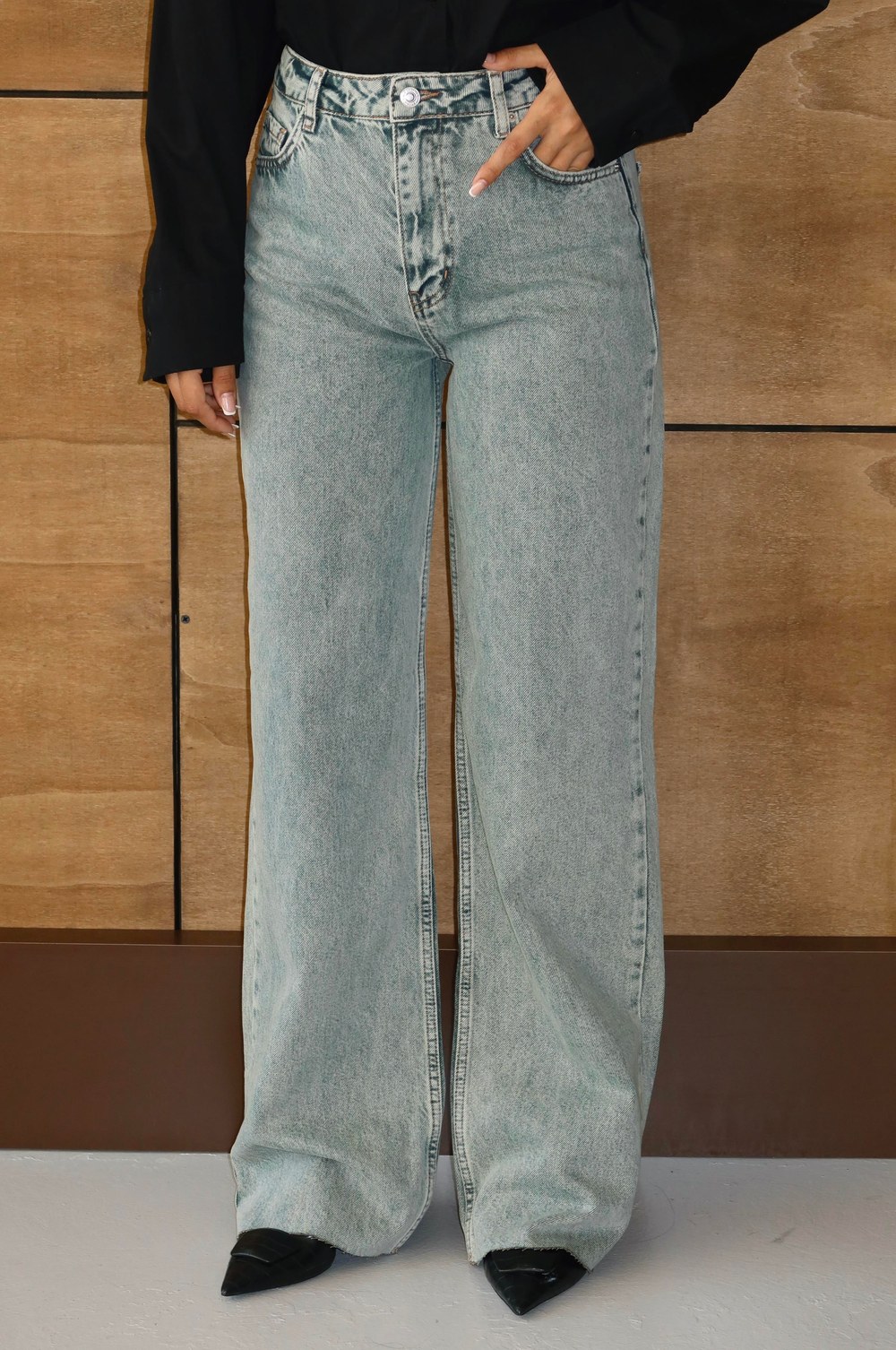 Yüksek Bel Boru Kalıp Lıght Green Jean Pantolon
