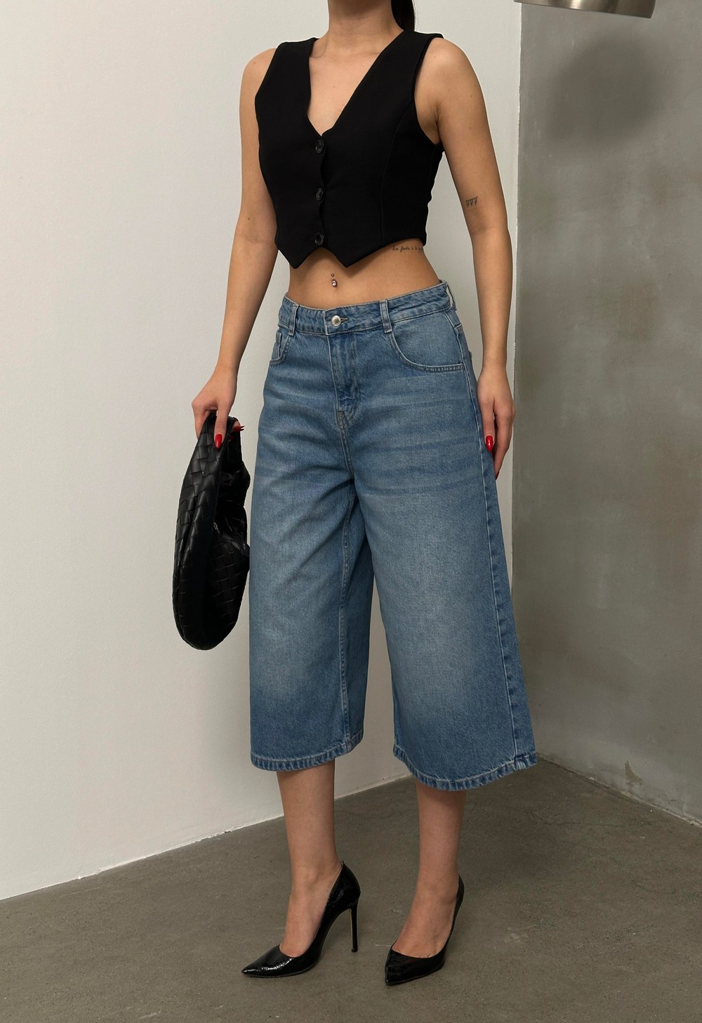 Kadın Baggy Model Blue Bermuda Jean