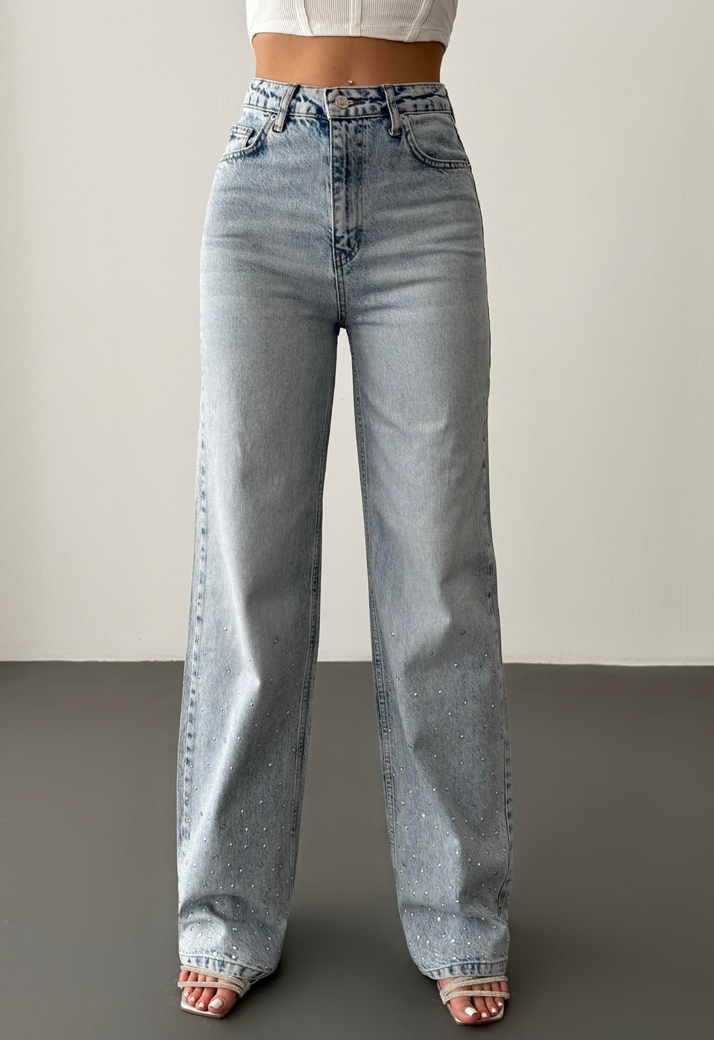 Yüksek Bel Bol Kesim Light Blue Taşlı Jean Pantolon