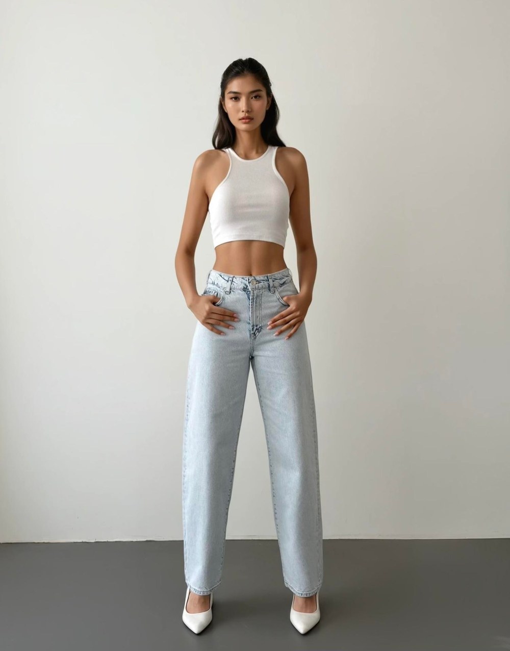 Yüksek Bel Yarım Balon Kalıp Ice Blue Jean Pantolon