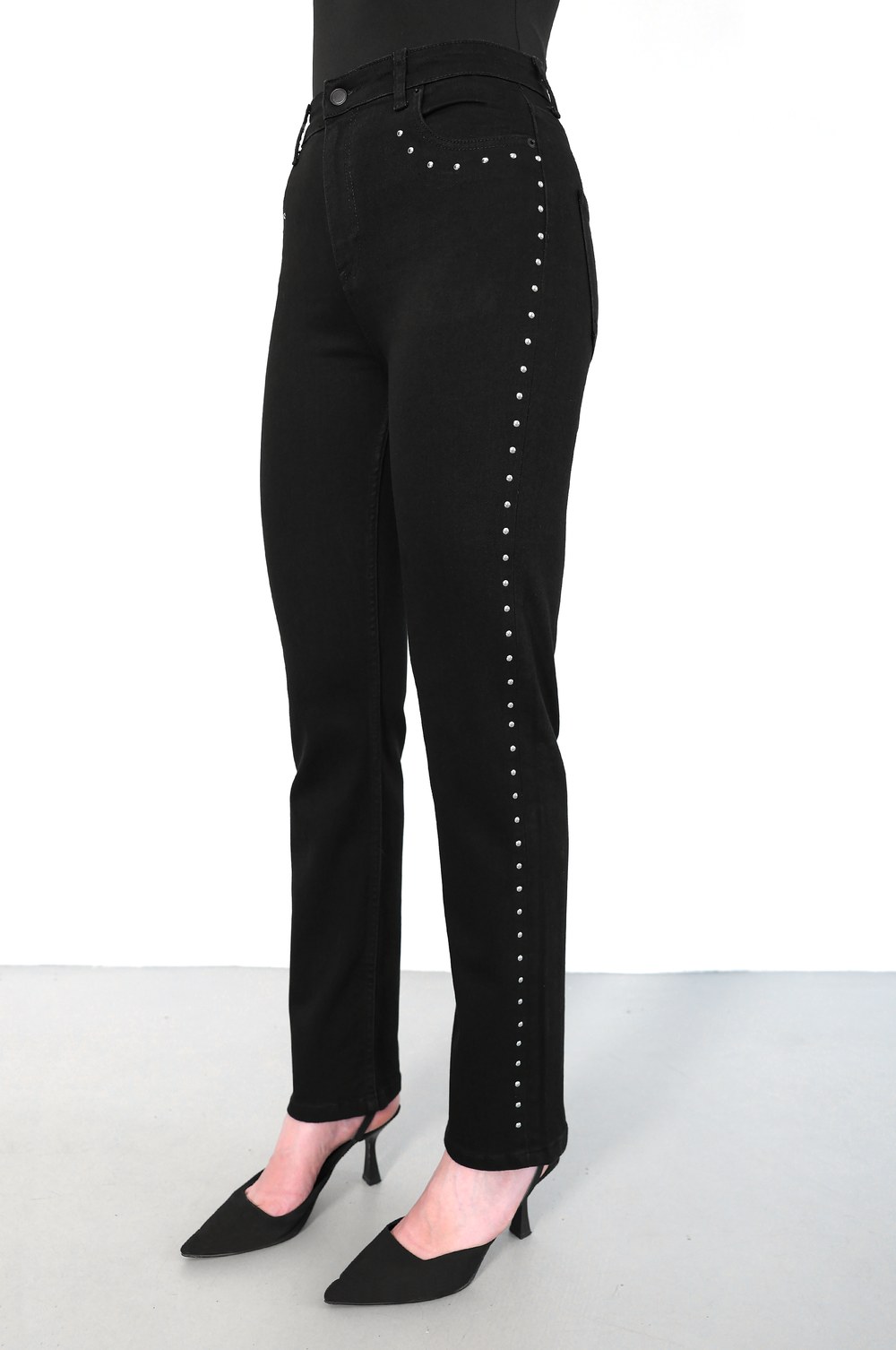Yüksek Bel Boru Kesim Drop Detaylı Black Jean Pantolon
