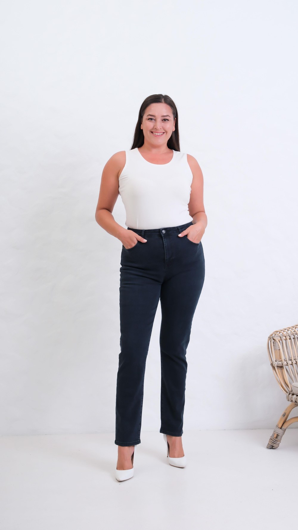 Yüksek Bel Battal Kesim Boru Paça Blue Black Jean Pantolon