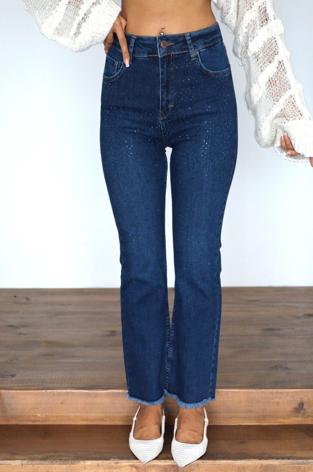 Yüksek Bel Paça Püskül Detaylı Taş İşlemeli Dark Blue Jean Pantolon