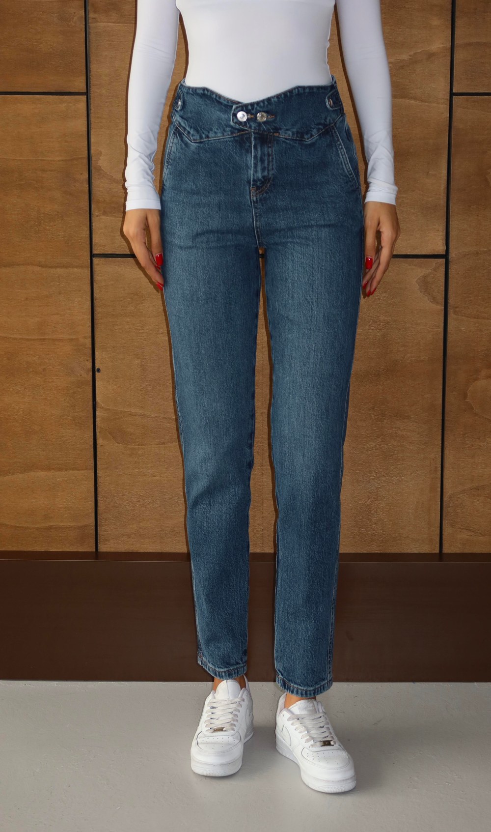Düğme Detaylı Dark Blue Mom Jean Pantolon