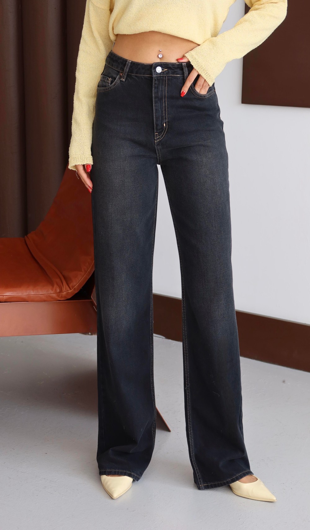 Yüksek Bel Bej İp Detaylı Black Jean Pantolon