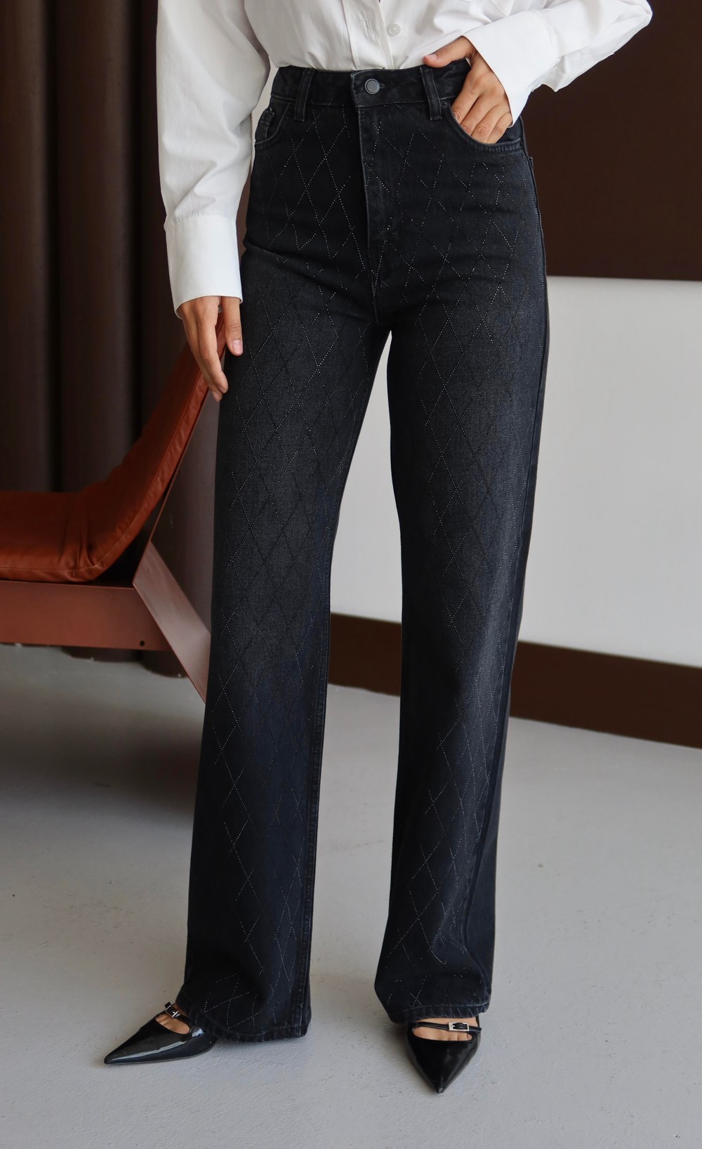 Yüksek Bel Rahat Kesim Baklava Desen Taş Detaylı Black Black Jean Pantolon
