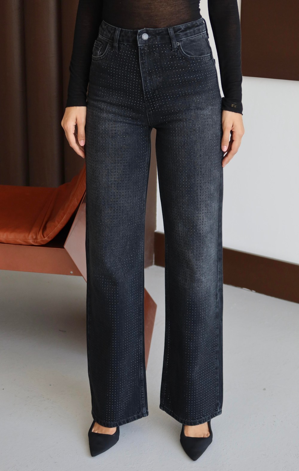 Yüksek Bel Wıde Leg Kalıp Boydan Taşlı Black Jean Pantolon