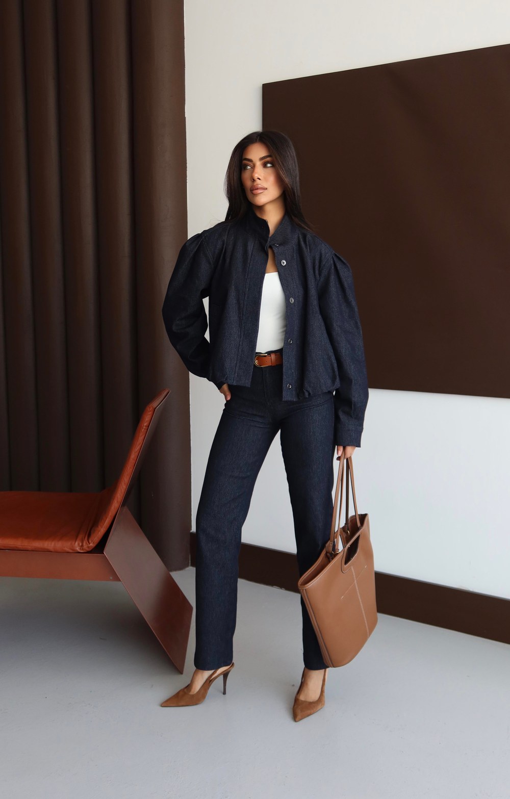 Gizli Düğme Detaylı Balon Kol Straıght Kalıp Pantolon Navy Blue Jean Takım