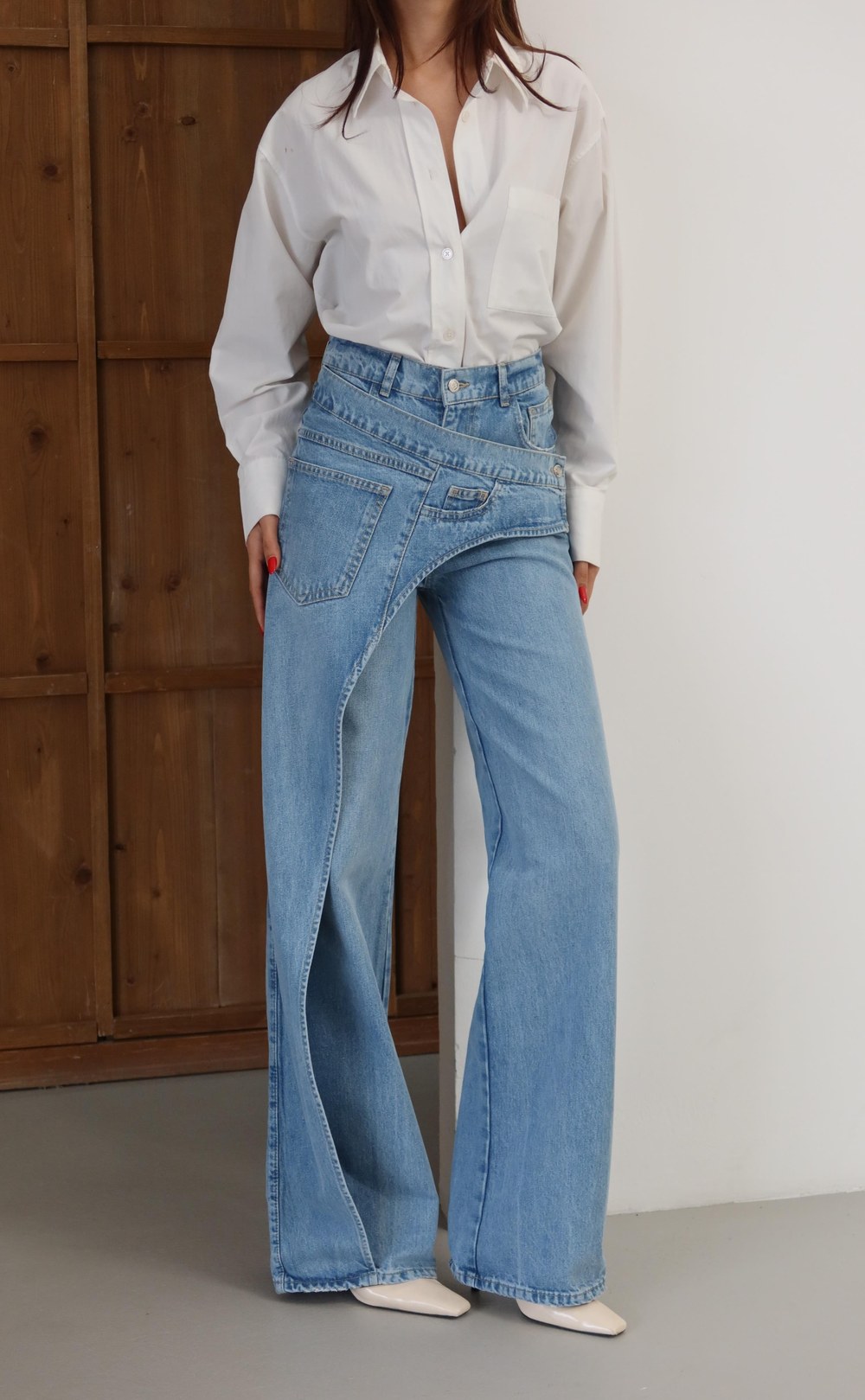 Yüksek Bel Ön Çapraz Kapama Detaylı Blue Jean Pantolon