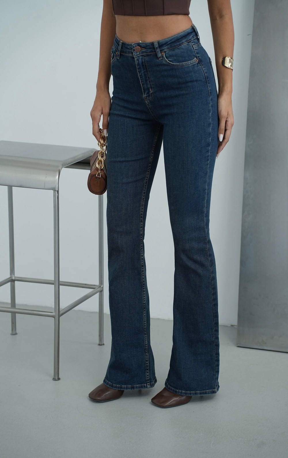 Yüksek Bel İspanyol Paça Dark Blue Tint Jean Pantolon