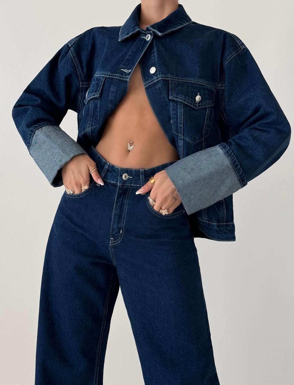 Cep Detaylı Dark Blue Denim Ceket