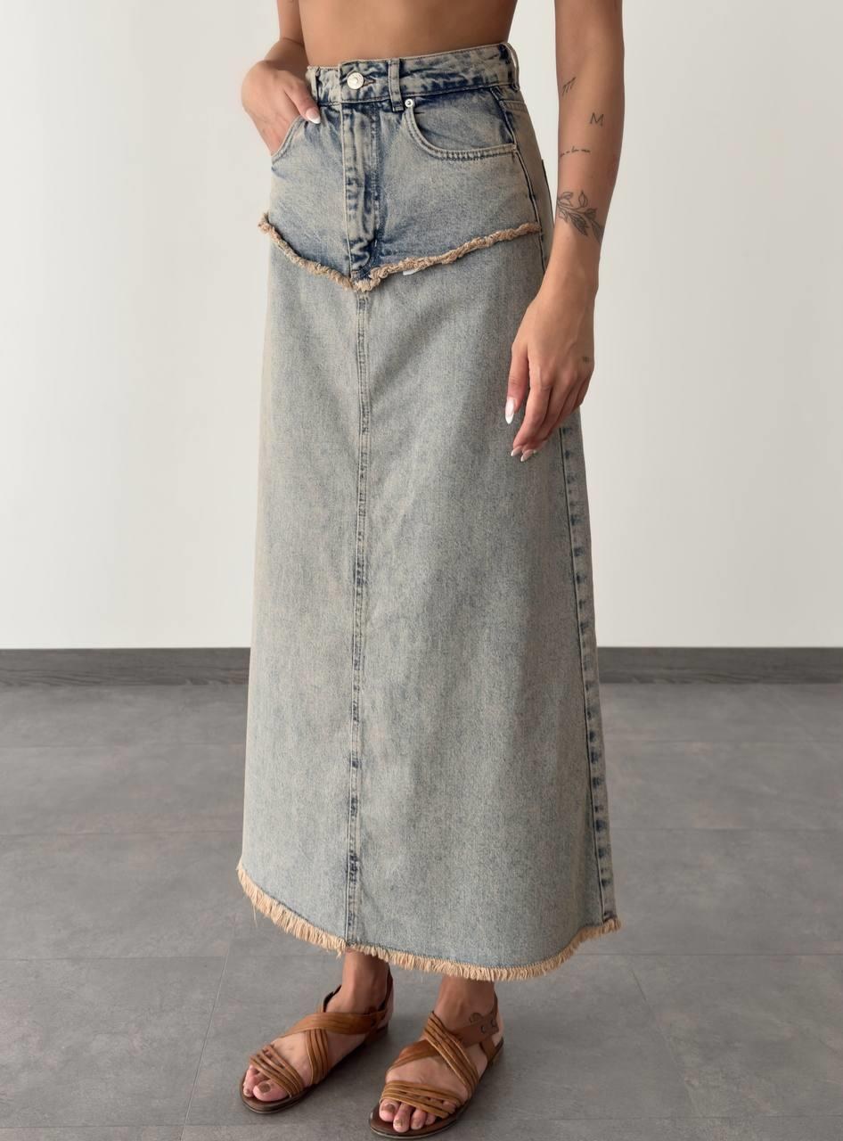 Pis Dikiş Detaylı Bilek Boy Yeşil Tint Denim Etek
